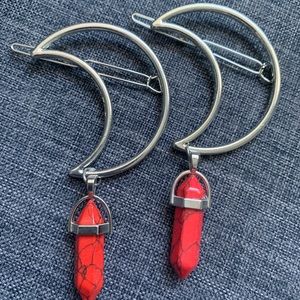 Red Howlite Silver Moon Crystal Hair Clip Bundle